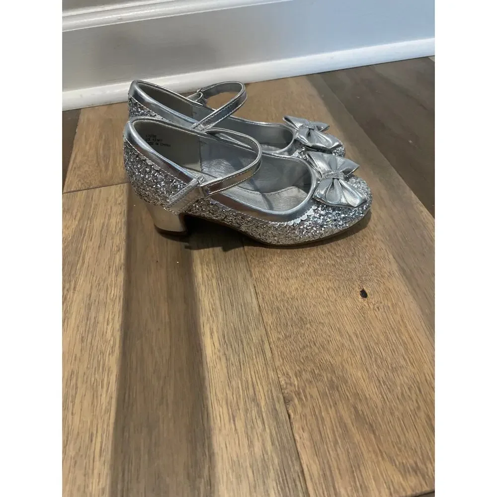 Laurmosa Girls Silver Glitter Mary Jane Shoes Size 13 Low Heel Bow Detail